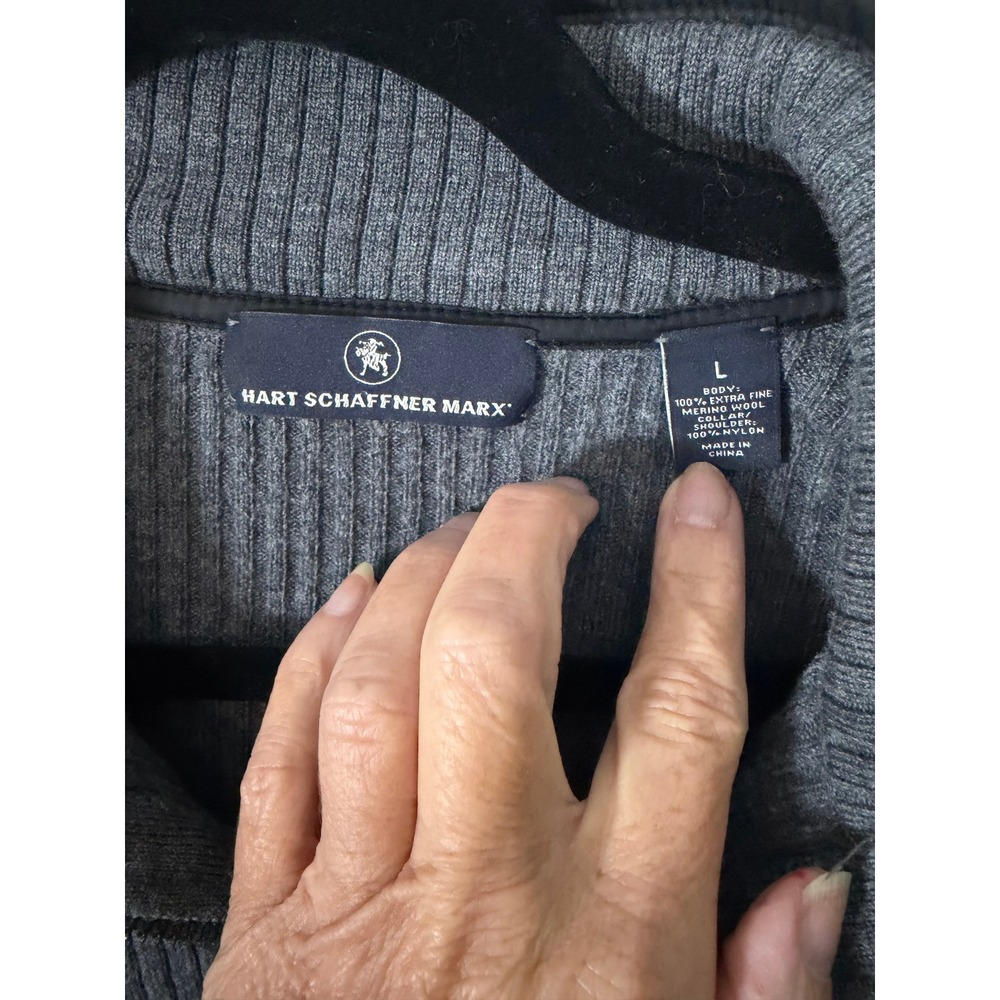 Hart Schaffner Marx Merino Wool Quarter Zip Sweater Gray Quilted Elbow Patch L - Picture 4 of 5